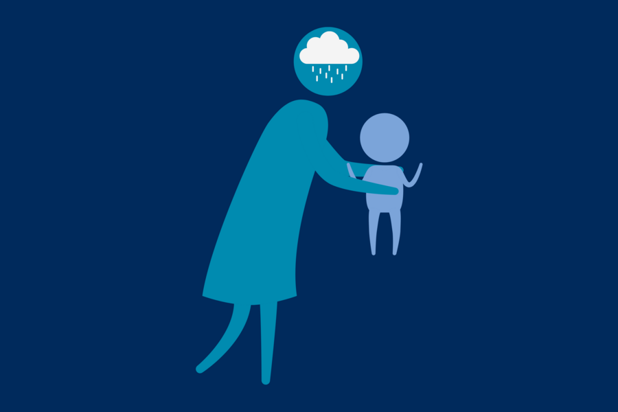 An icon showing a woman holding an infant with a rain cloud symbol in her head