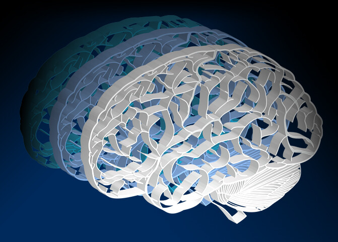 Three brains overlap as they are illuminated, symbolizing the multi-disciplinary approach of the Brain Medicine Fellowship