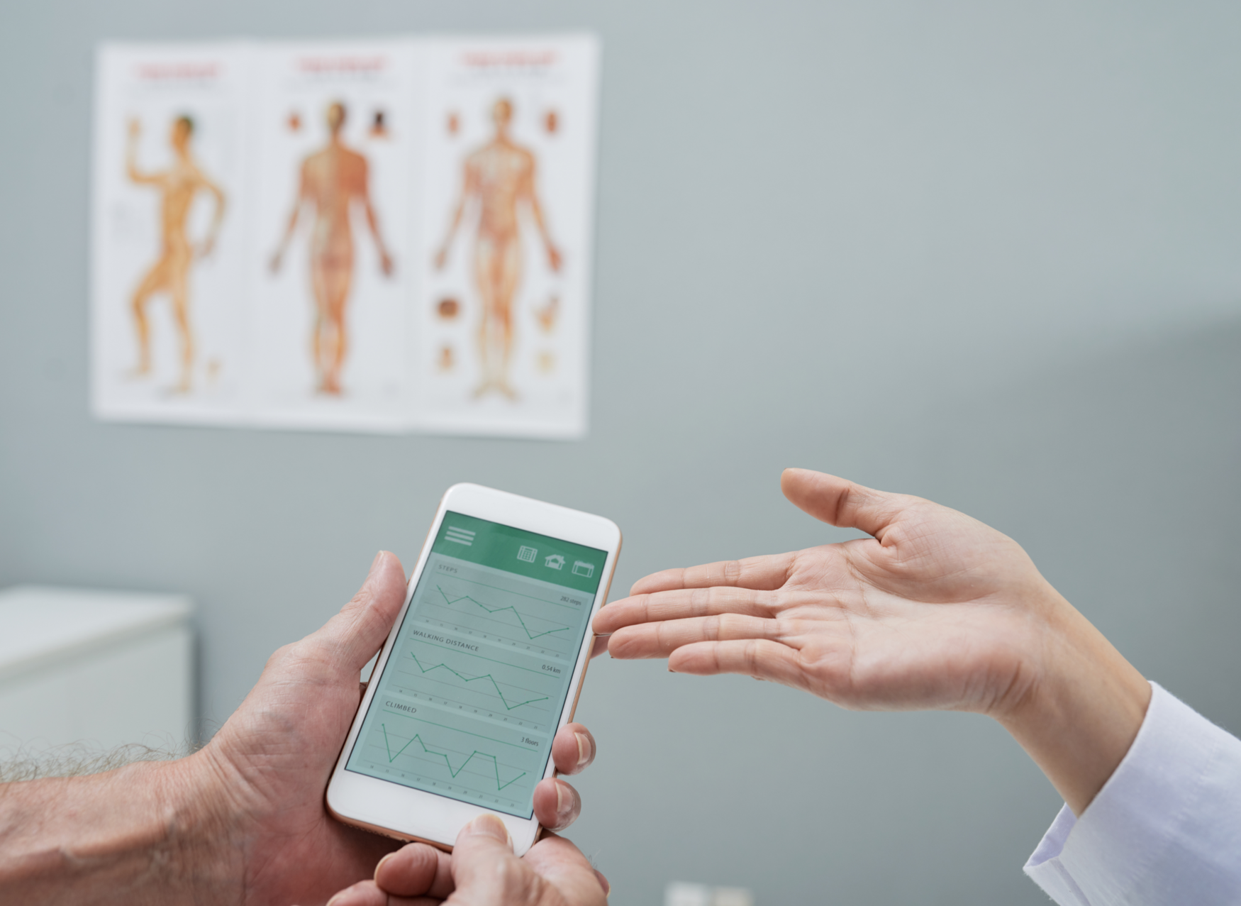 A health-tracking smartphone app showed in a medical office setting